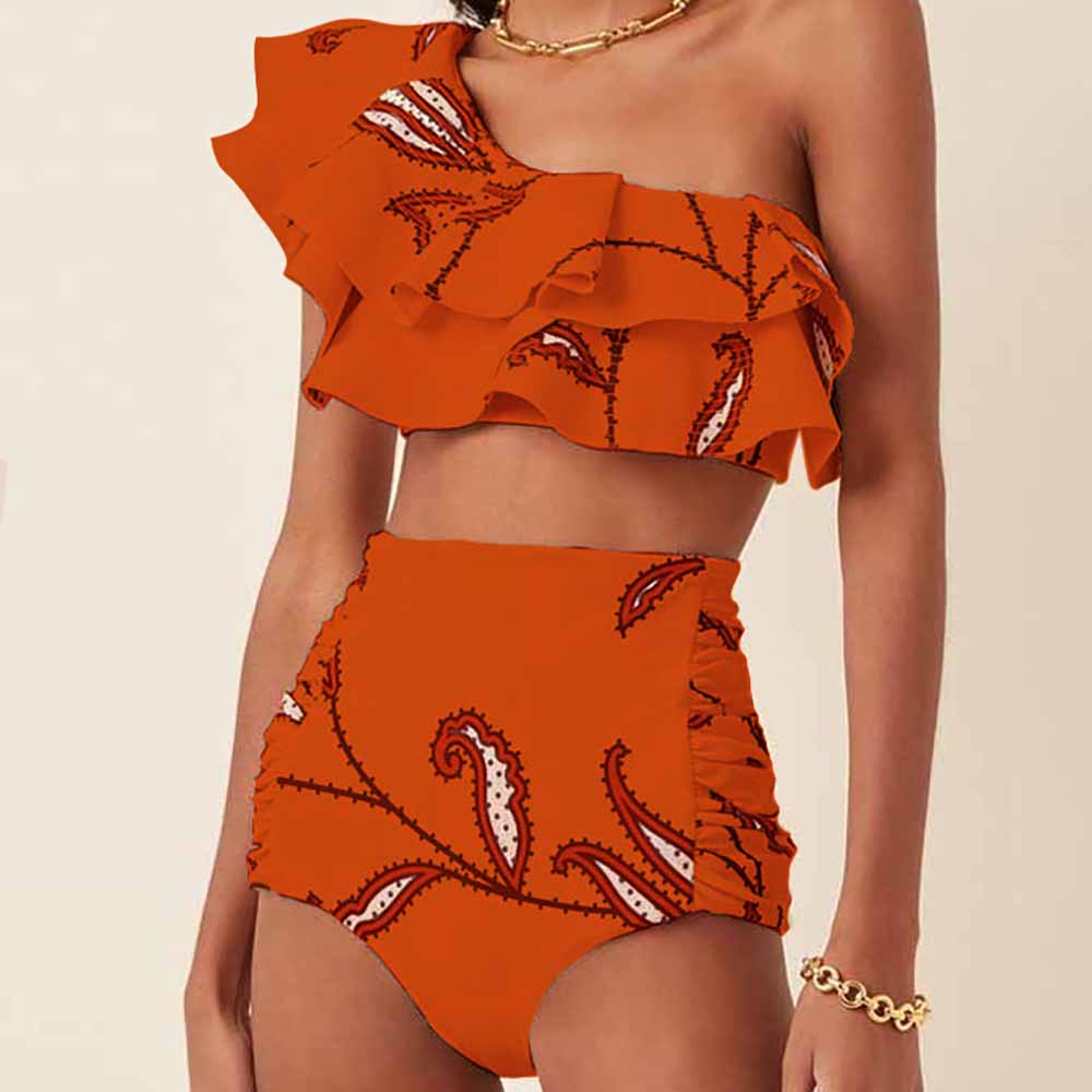 One-Shoulder Ruffled Bikini Set Tankini Three Piece Bikini Separate Bandeau Swimsuit  Shorts Bourkini 2022 Luxury Orange