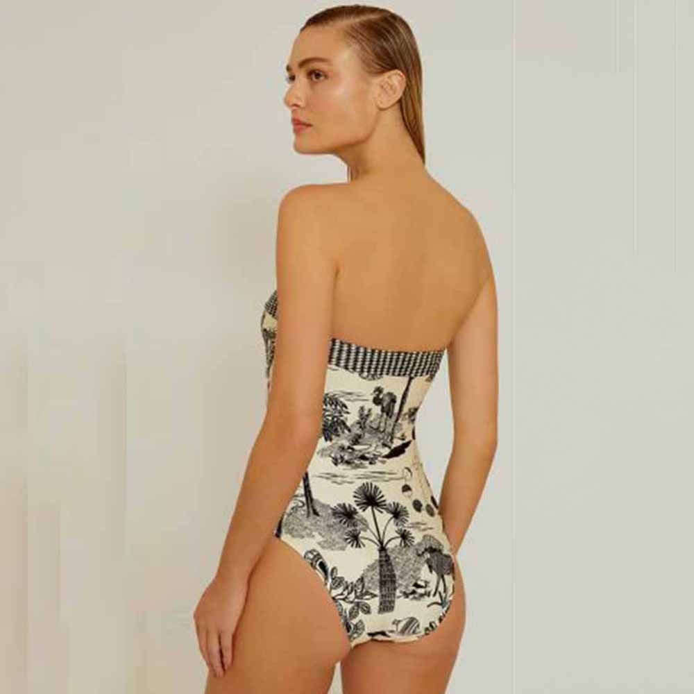 Black Print Swimsuit High Waist Tube Top One Piece Bikini Sexy Slim Elegant Beachwear Retro Fashion 2022 Ladies