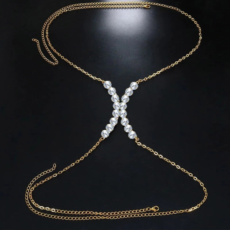 Rhinestone Heart Double Pendant Chest Body Chain