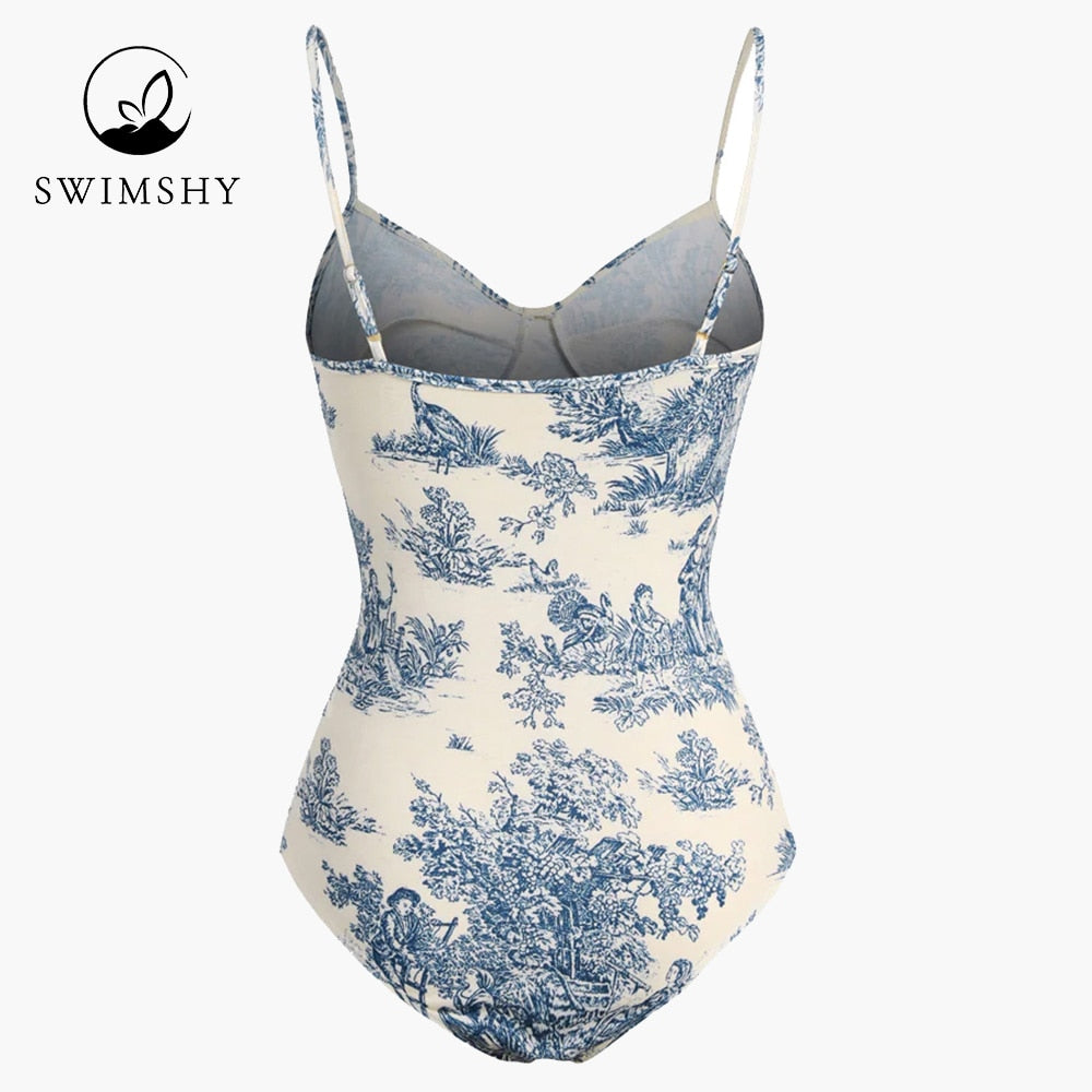 2022 Fashion Printed Simple Bikini One Piece Swimsuit Push Up Swimming Biquini Female Beach Outfits Summer Beachwear Luxury Slim