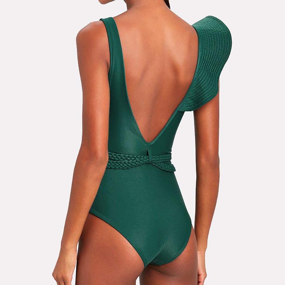 Swimwear Women 2022 Sexy One Piece Swimsuits Deep-v Beach Wear Shoulder Solid Ruffled Plus Size Bathing Suit Summer Micro Bikini