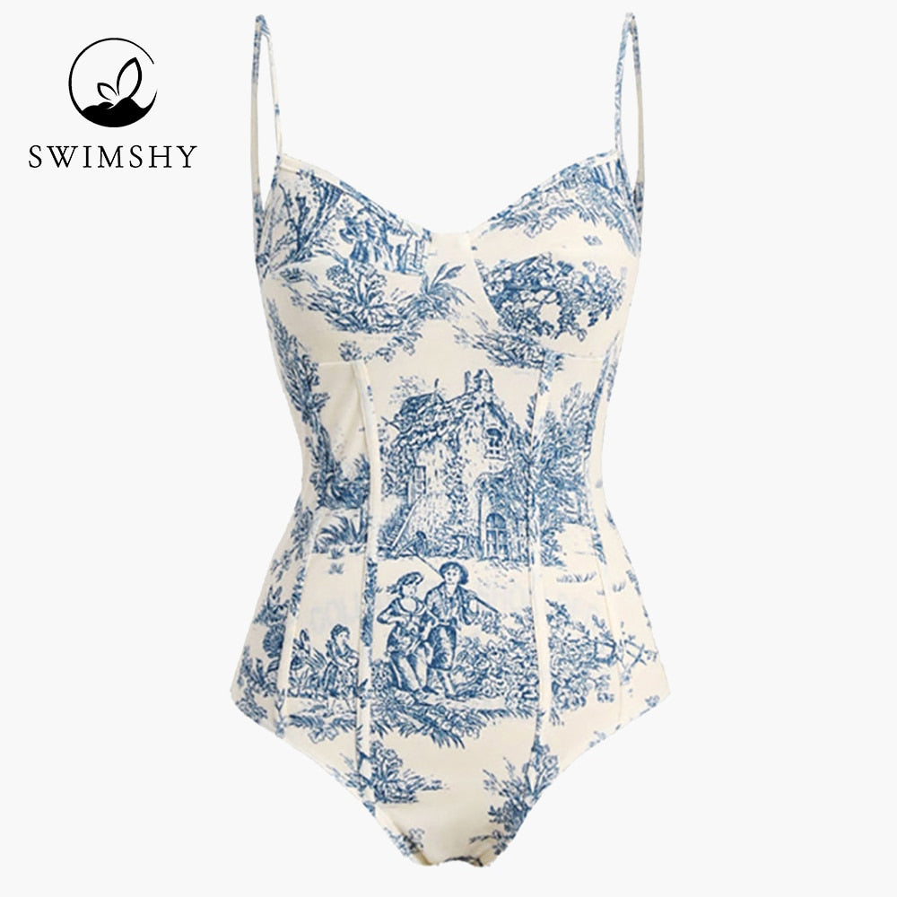 2022 Fashion Printed Simple Bikini One Piece Swimsuit Push Up Swimming Biquini Female Beach Outfits Summer Beachwear Luxury Slim