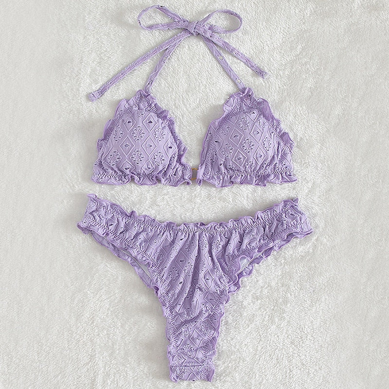 Ruffled Hollow Out Thong Bandeau Bikini Set