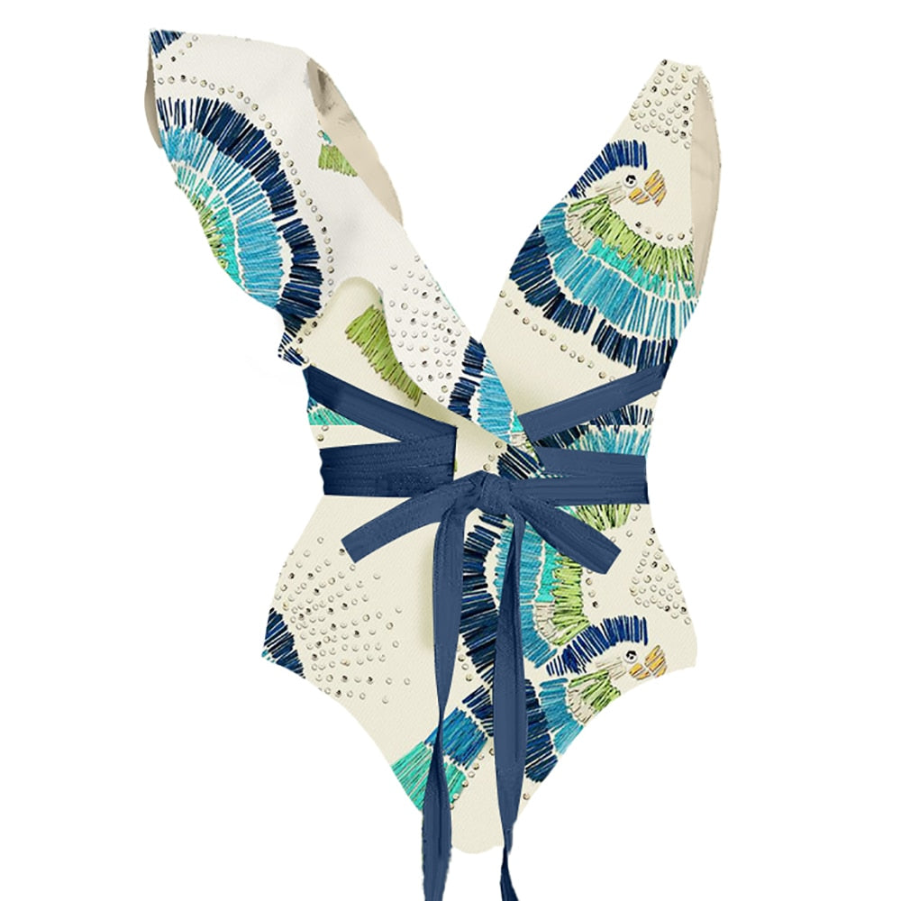 Green Print Deep V Bikini Set & Cover Up