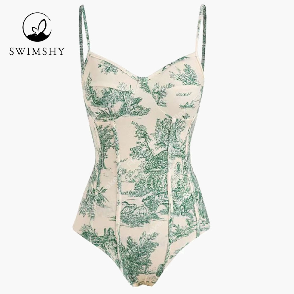 2022 Fashion Printed Simple Bikini One Piece Swimsuit Push Up Swimming Biquini Female Beach Outfits Summer Beachwear Luxury Slim