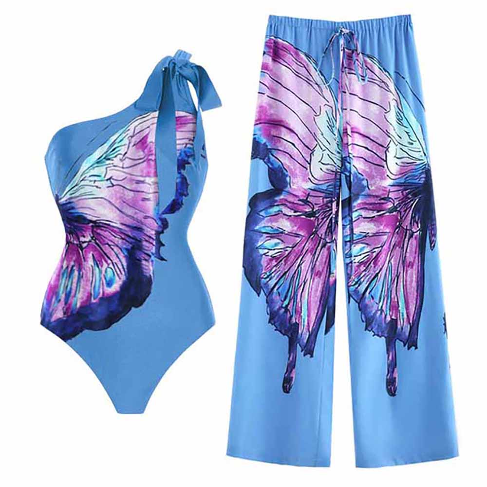 Solid Color Butterfly Print Swimsuit One-Shoulder Lace-Up One Piece Bikini Slim High Waist Swimsuit Suit Fashion 2022 for Women