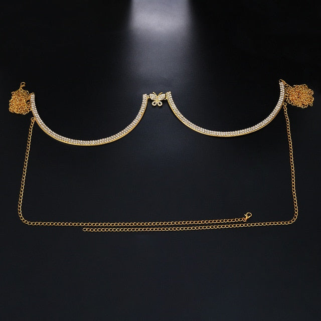 Rhinestone Heart Double Pendant Chest Body Chain