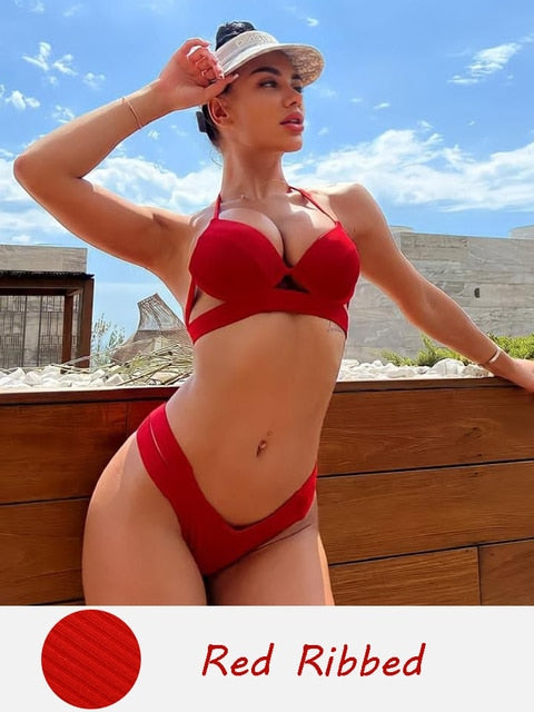 Halter Bandage Solid Push Up Bikini Set