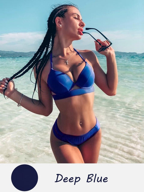 Halter Bandage Solid Push Up Bikini Set