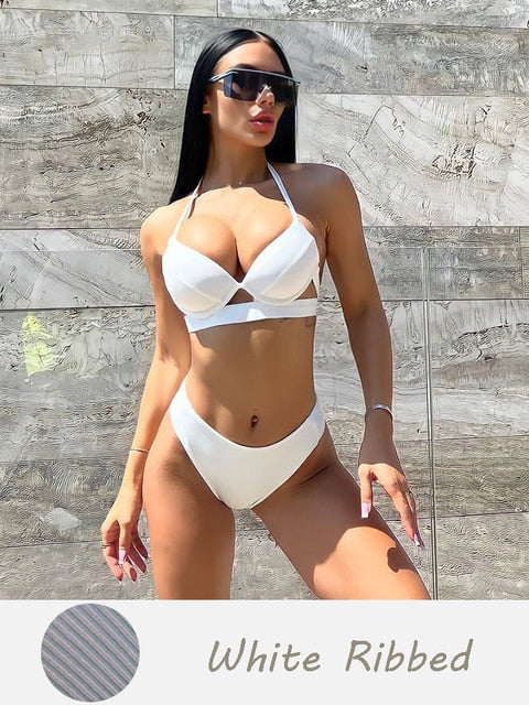 Halter Bandage Solid Push Up Bikini Set
