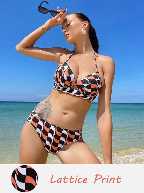 Halter Bandage Solid Push Up Bikini Set