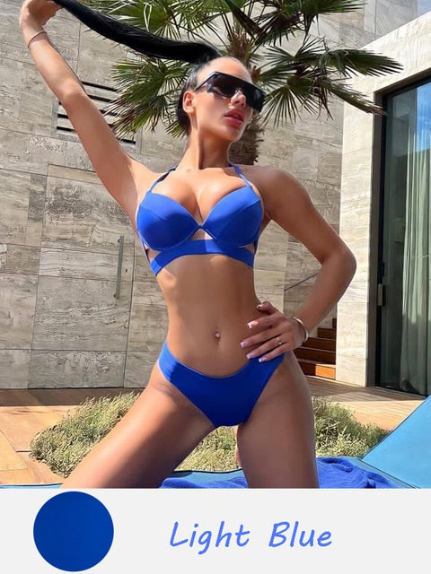 Halter Bandage Solid Push Up Bikini Set