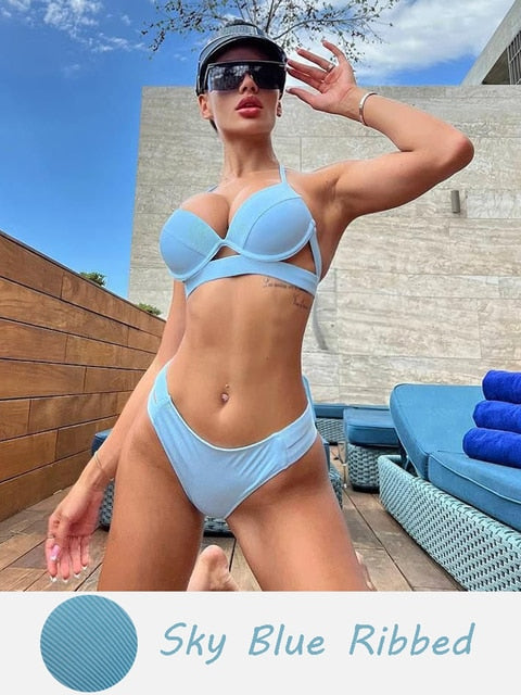 Halter Bandage Solid Push Up Bikini Set