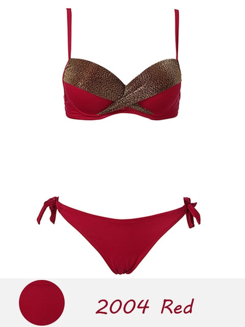 Halter Bandage Solid Push Up Bikini Set