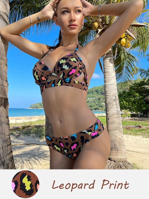 Halter Bandage Solid Push Up Bikini Set