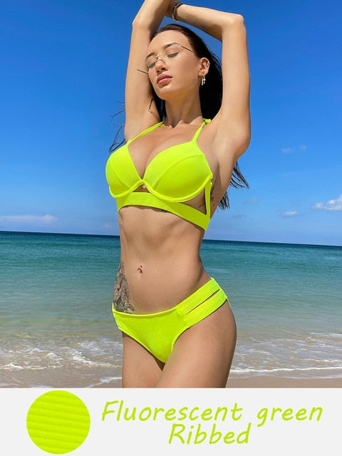 Halter Bandage Solid Push Up Bikini Set
