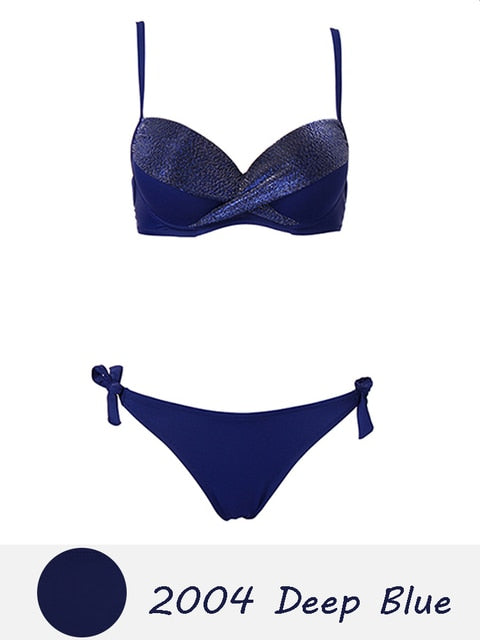 Halter Bandage Solid Push Up Bikini Set