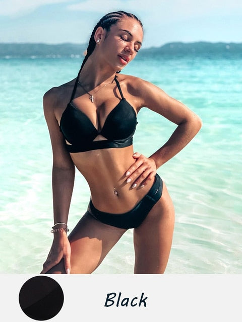 Halter Bandage Solid Push Up Bikini Set