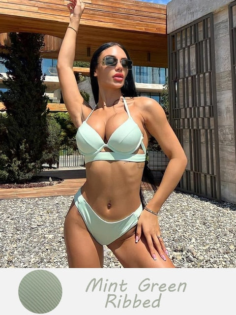 Halter Bandage Solid Push Up Bikini Set