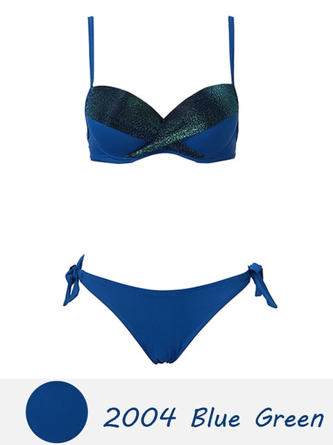 Halter Bandage Solid Push Up Bikini Set