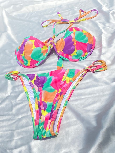 Halter Leopard Patchwork Cup Bikini Set