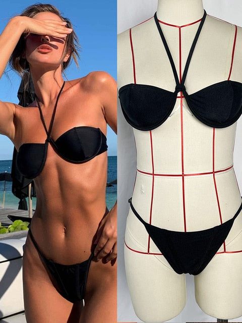 Halter Leopard Patchwork Cup Bikini Set