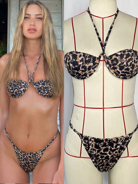 Halter Leopard Patchwork Cup Bikini Set