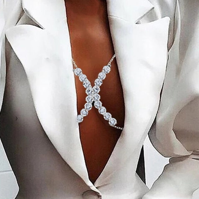 Rhinestone Heart Double Pendant Chest Body Chain