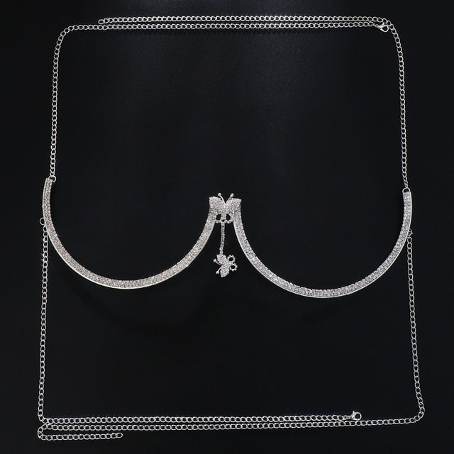 Rhinestone Heart Double Pendant Chest Body Chain