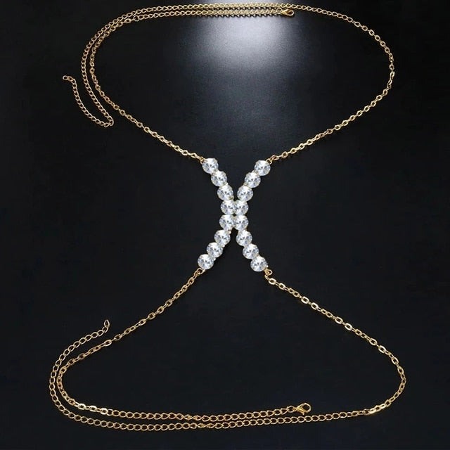Rhinestone Heart Double Pendant Chest Body Chain