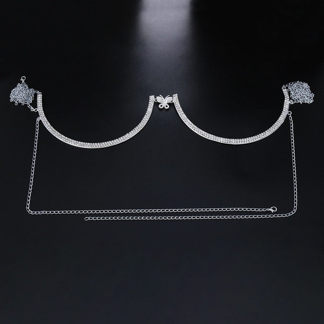 Rhinestone Heart Double Pendant Chest Body Chain