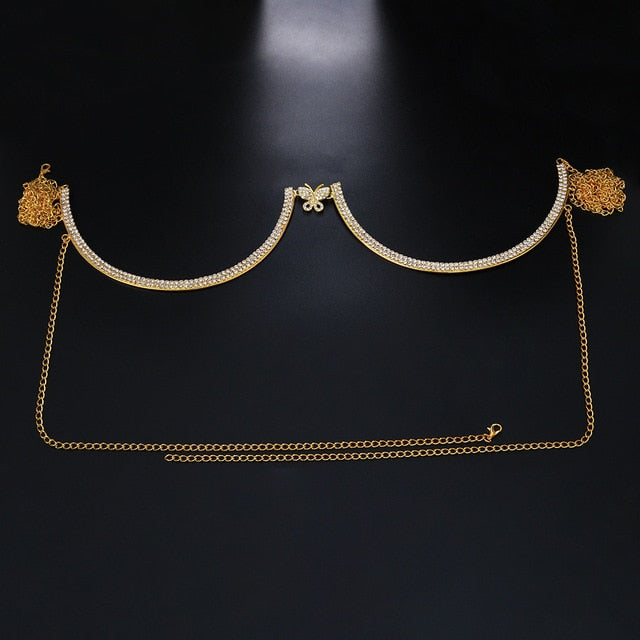 Rhinestone Heart Double Pendant Chest Body Chain