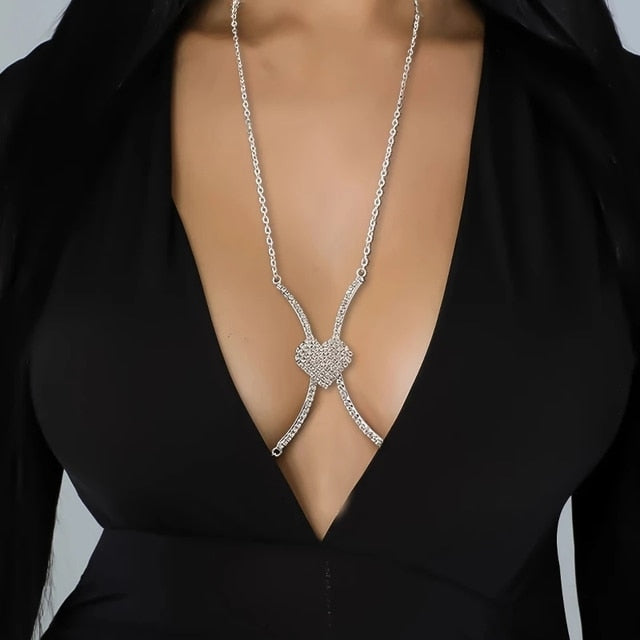 Rhinestone Heart Double Pendant Chest Body Chain