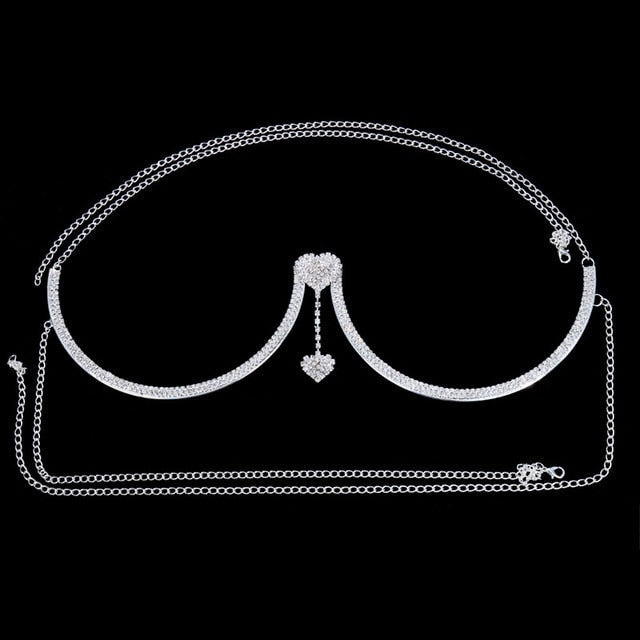 Rhinestone Heart Double Pendant Chest Body Chain