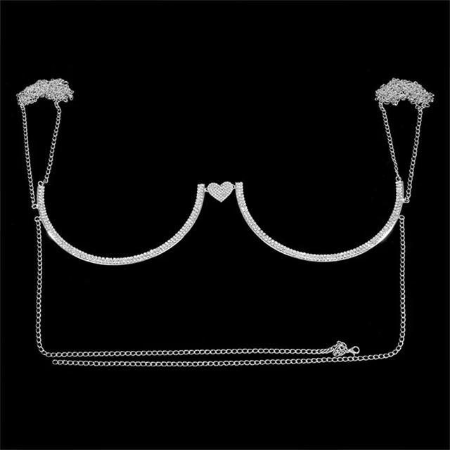 Chest Bracket Double Pendant Heart Bras Chain Necklace Body Jewelry Rhinestone Top Fashion Gift Beach Bikini Swimwear 2022 Women