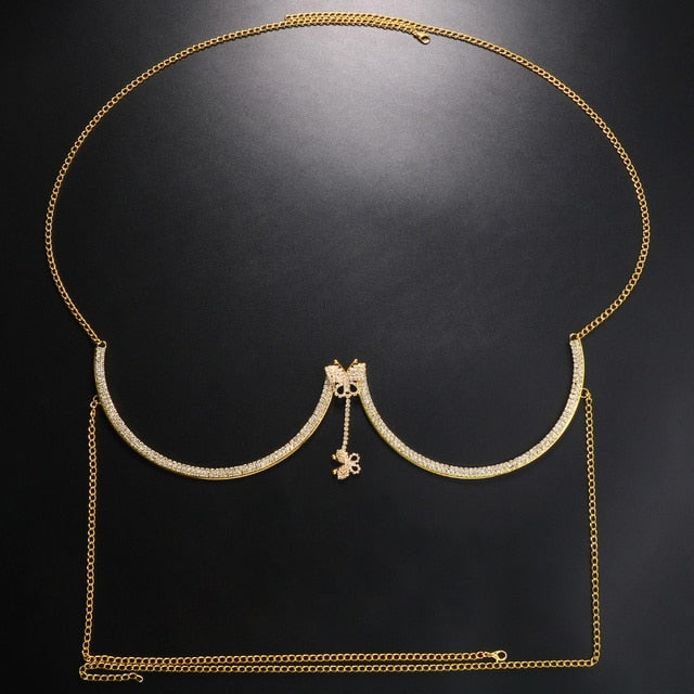 Rhinestone Heart Double Pendant Chest Body Chain