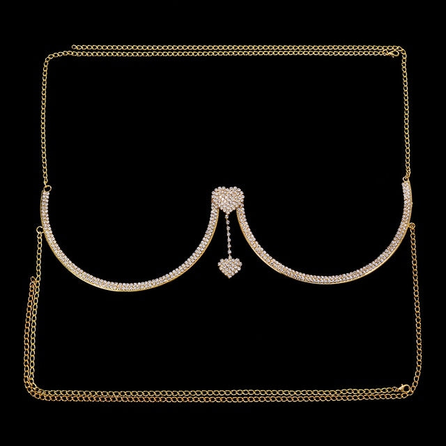 Rhinestone Heart Double Pendant Chest Body Chain