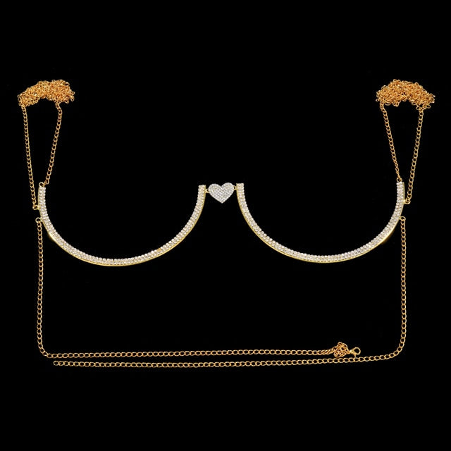Rhinestone Heart Double Pendant Chest Body Chain