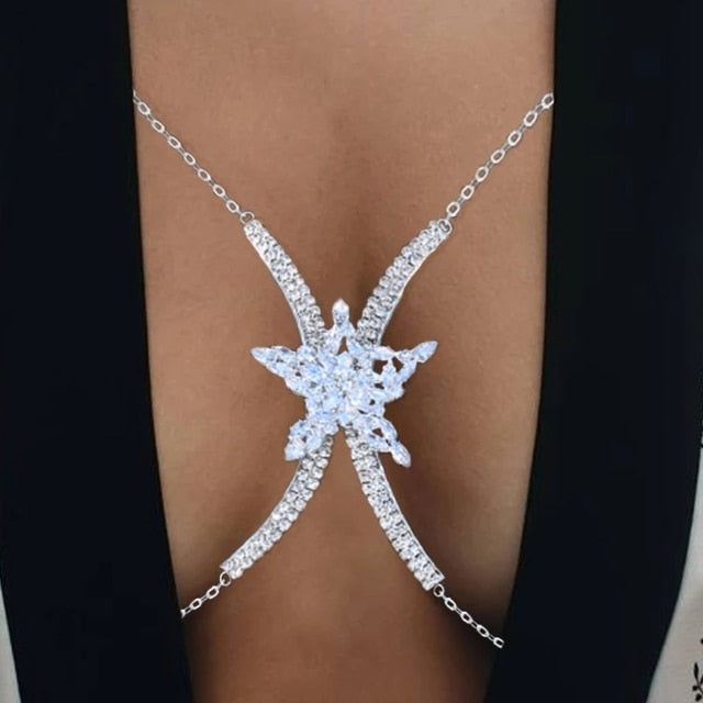 Rhinestone Heart Double Pendant Chest Body Chain