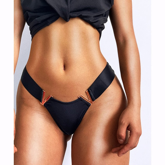 Metal Decor V-Shape High Fork Thong Briefs
