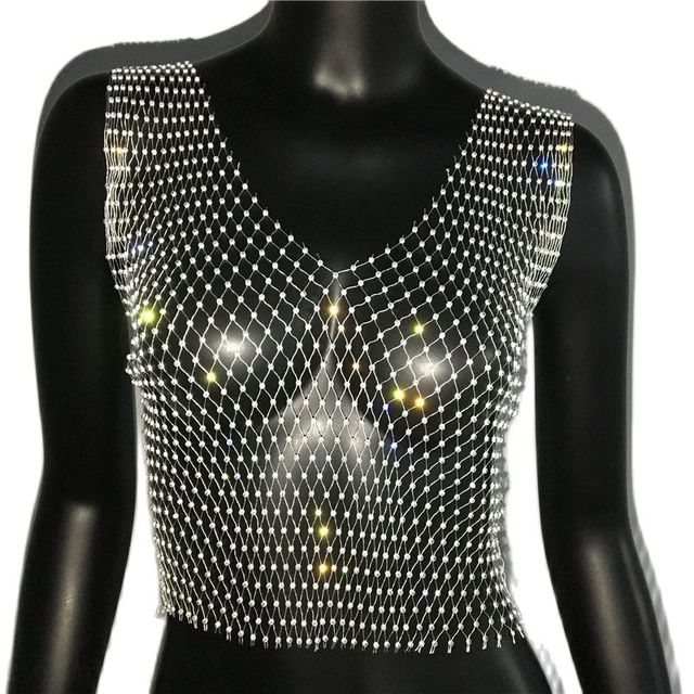 Rhinestone Mesh See-Through Crop Top