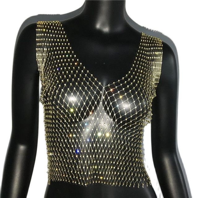 FestivalQueen Sexy Diamonds Mesh Cropped Tank Top Women Summer Cover Up Bikini See Through Rhinestone Net Party Club Crop Top