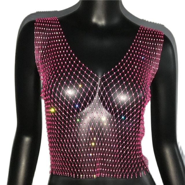 Rhinestone Mesh See-Through Crop Top