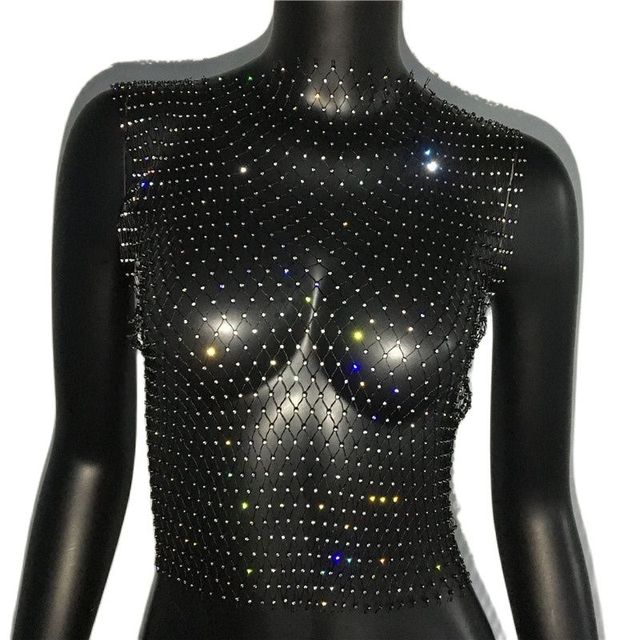 Rhinestone Mesh See-Through Crop Top