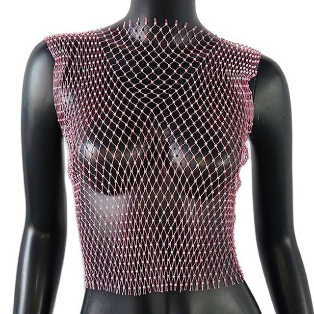 FestivalQueen Sexy Diamonds Mesh Cropped Tank Top Women Summer Cover Up Bikini See Through Rhinestone Net Party Club Crop Top