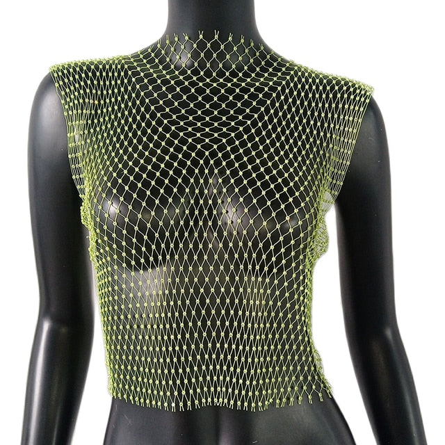 Rhinestone Mesh See-Through Crop Top