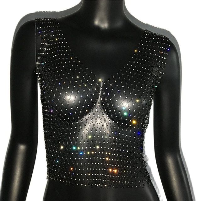 Rhinestone Mesh See-Through Crop Top