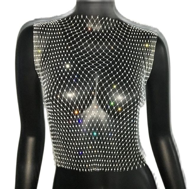 Rhinestone Mesh See-Through Crop Top