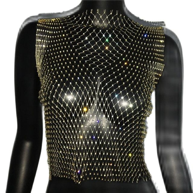 FestivalQueen Sexy Diamonds Mesh Cropped Tank Top Women Summer Cover Up Bikini See Through Rhinestone Net Party Club Crop Top