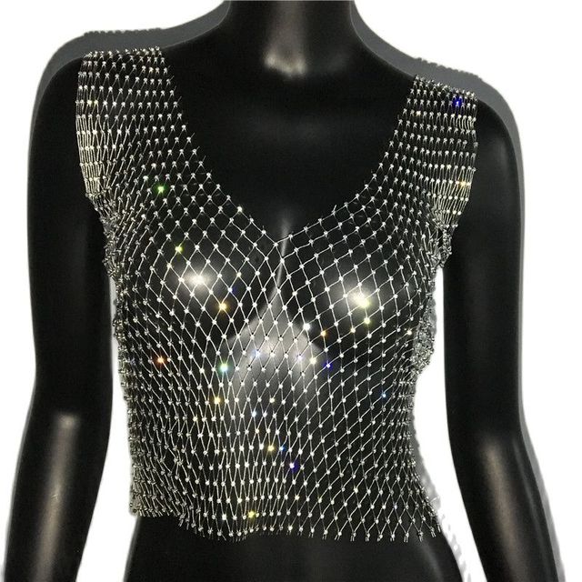 FestivalQueen Sexy Diamonds Mesh Cropped Tank Top Women Summer Cover Up Bikini See Through Rhinestone Net Party Club Crop Top